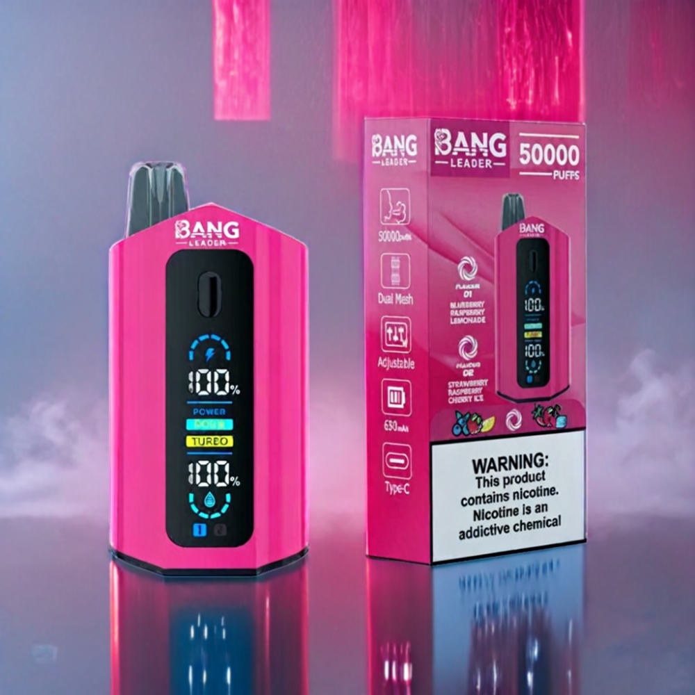 Bang Leader 50000 Puffs Engros Danmark Blåbær Hindbær Lemonade Jordbær Hindbær Kirsebær Is med Type-C Opladning