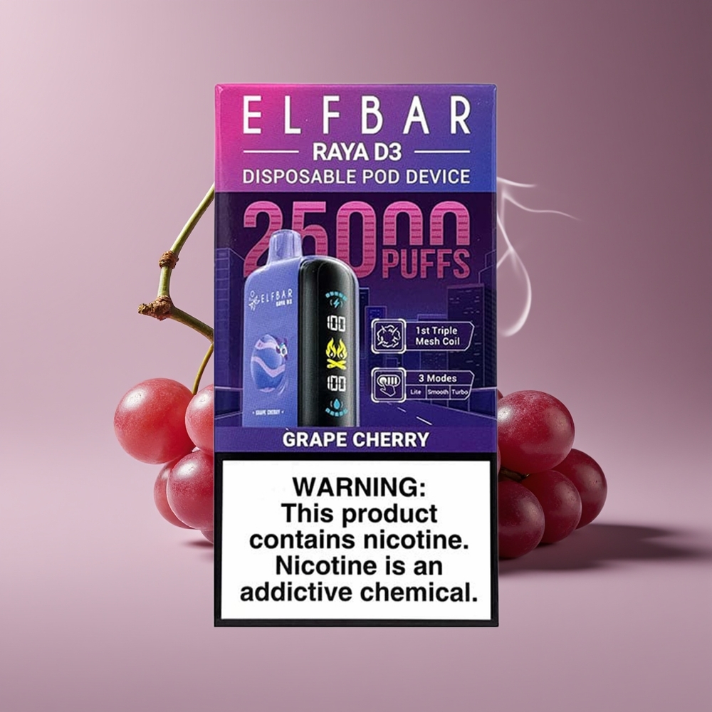 ELF BAR RAYA D3 25000 Puffs Engros Danmark Opfyldt E-likvid 23ml Vindebær Kirsebær