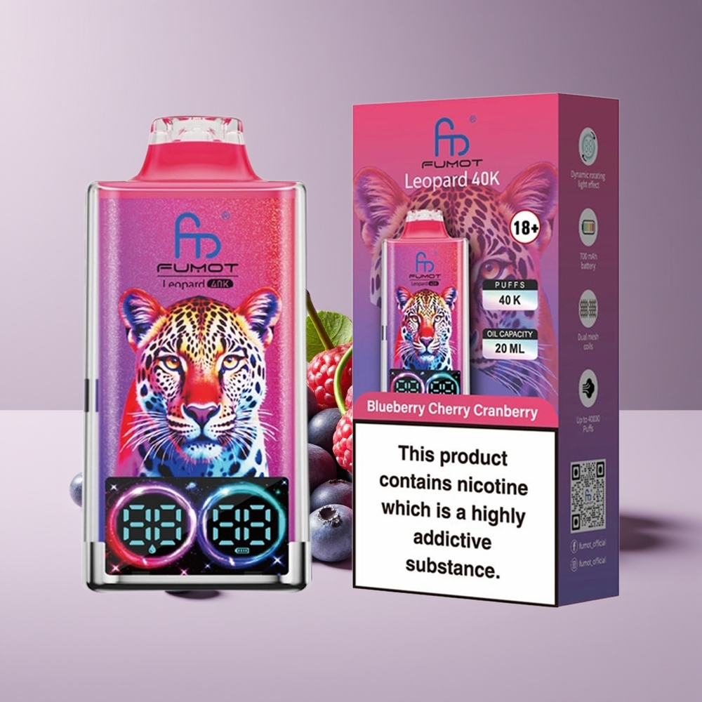 Fumot Leopard 40K Puffs 5% Nicotine Engros Danmark Blåbær Kirsebær Tranebær
