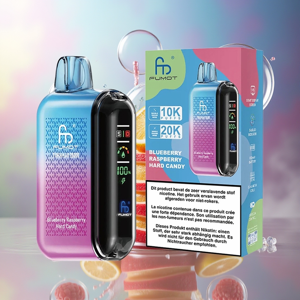 Fumot Tornado 20000 Puffs Dual Mesh Coil Blåbær Hindbær Hard Candy Engros Danmark