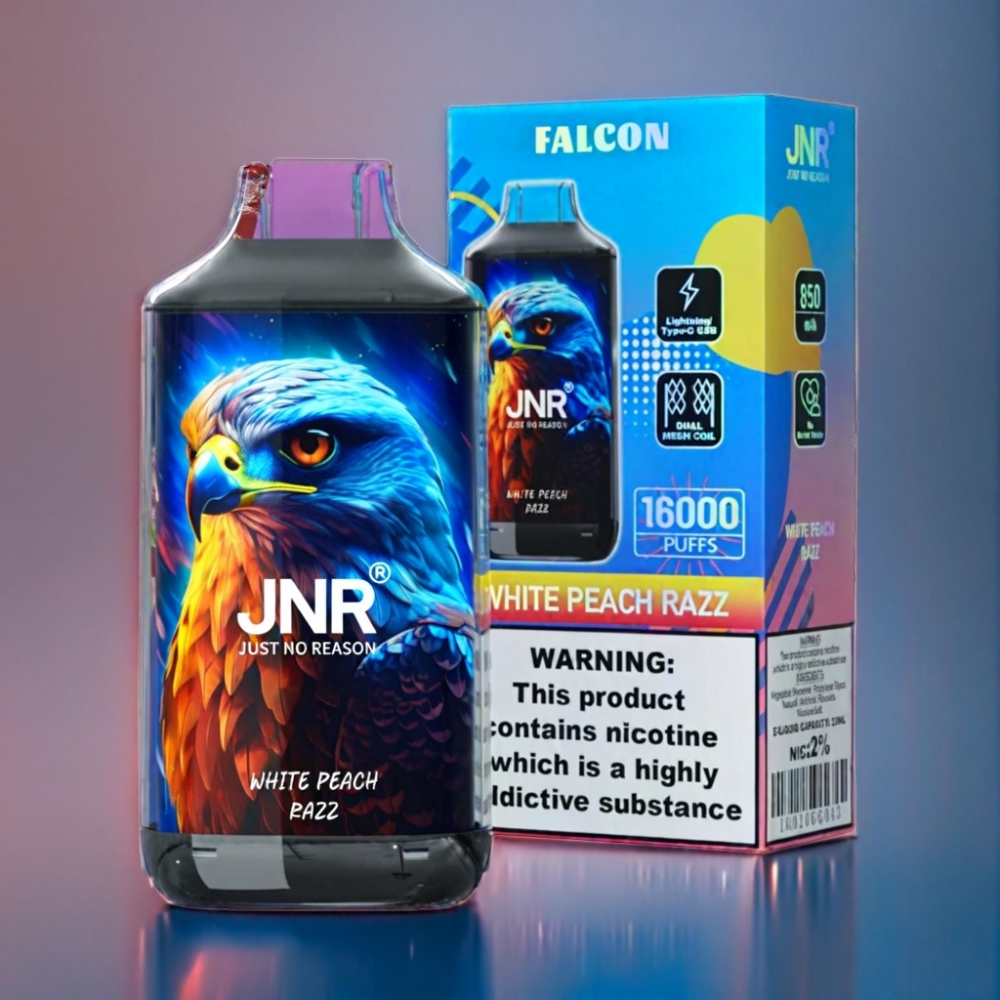 JNR Falcon 16000 Puffs Hvid Fersken Razz Smart LED Display Engros Danmark