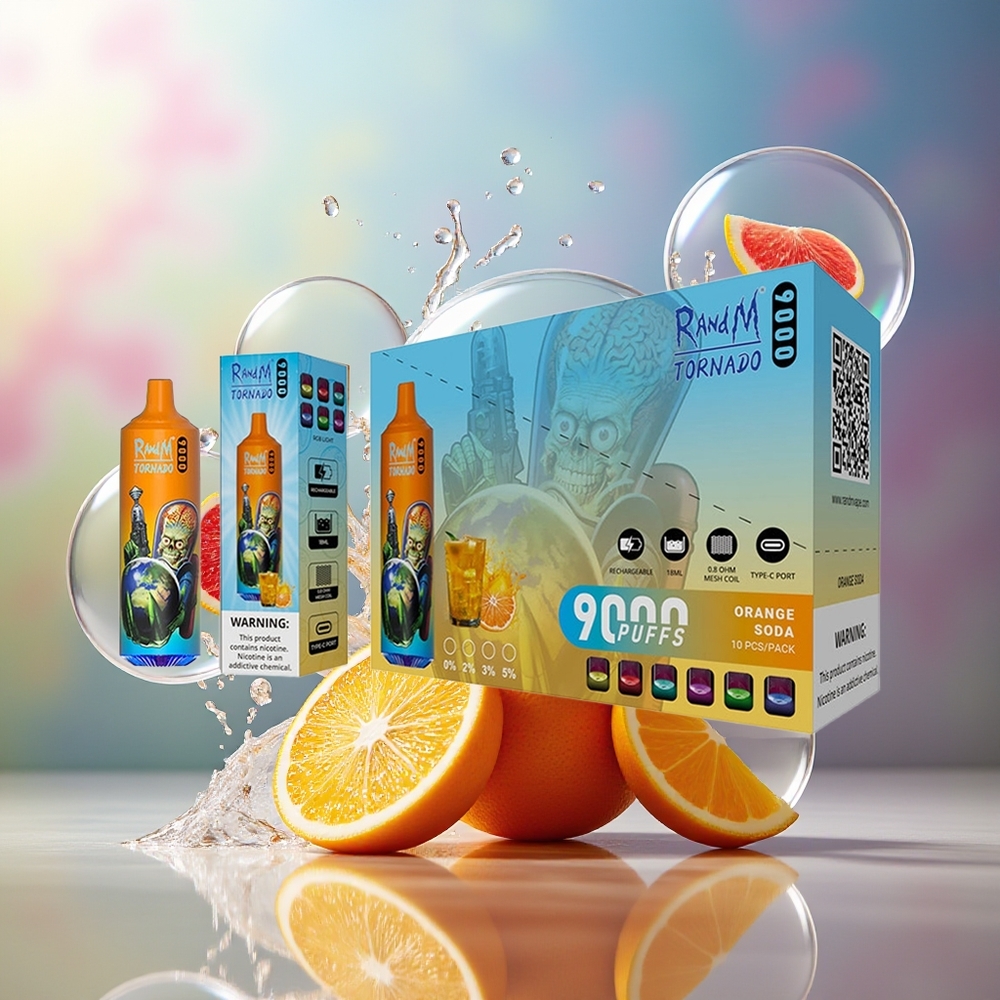 RandM Fumot Tornado 9000 Puffs Engros Danmark Appelsinvand Med 18 mL