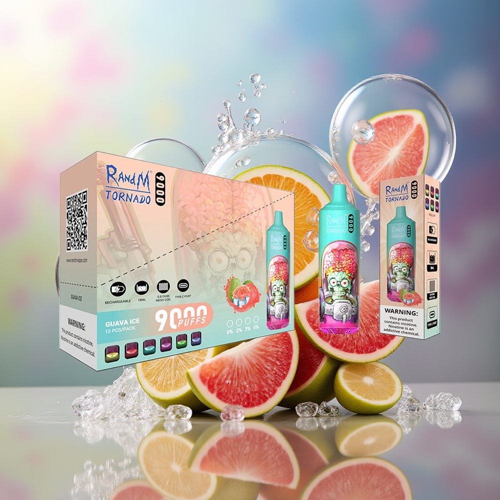 RandM Fumot Tornado 9000 Puffs Engros Danmark Guava Is Mesh Coil