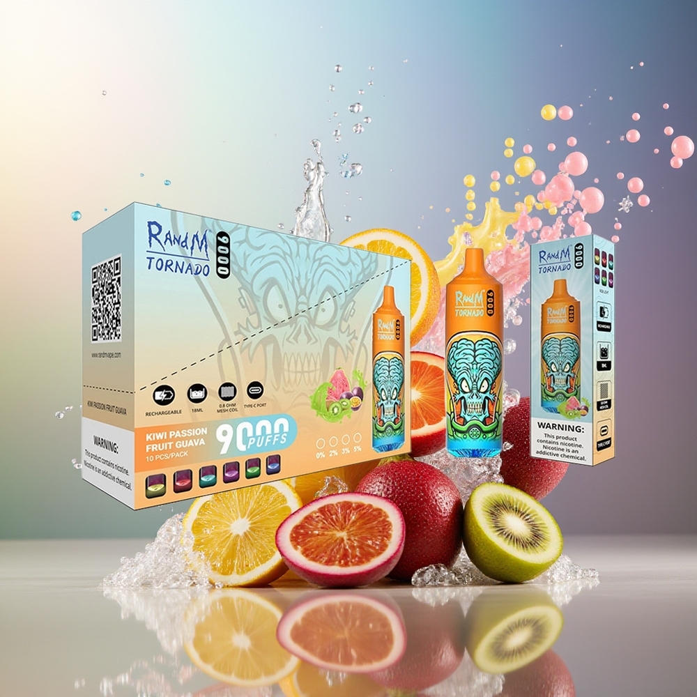 RandM Fumot Tornado 9000 Puffs Engros Danmark Mesh Coil Kiwi Passionfrugt Guava