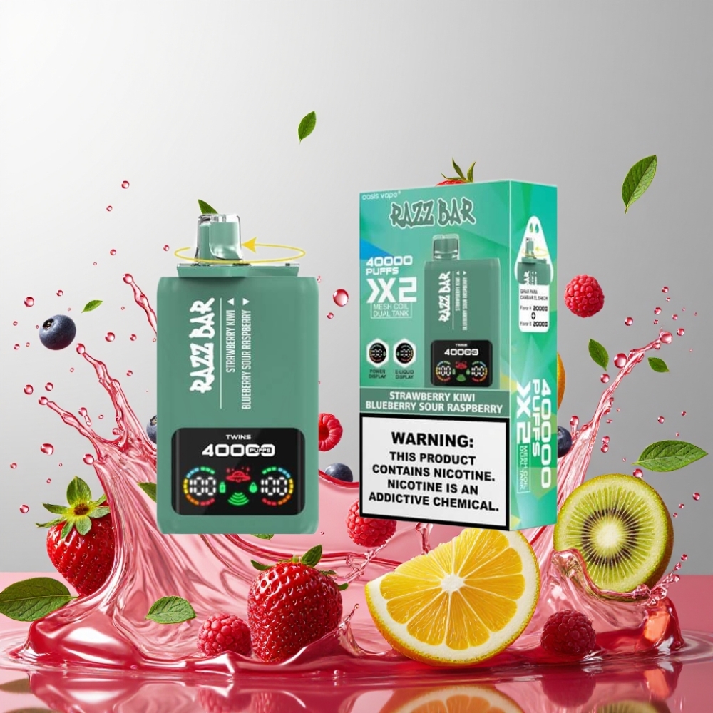 Razz Bar 40000 Puffs Engros Danmark Type-C Jordbær Kiwi & Blåbær Sur Hindbær