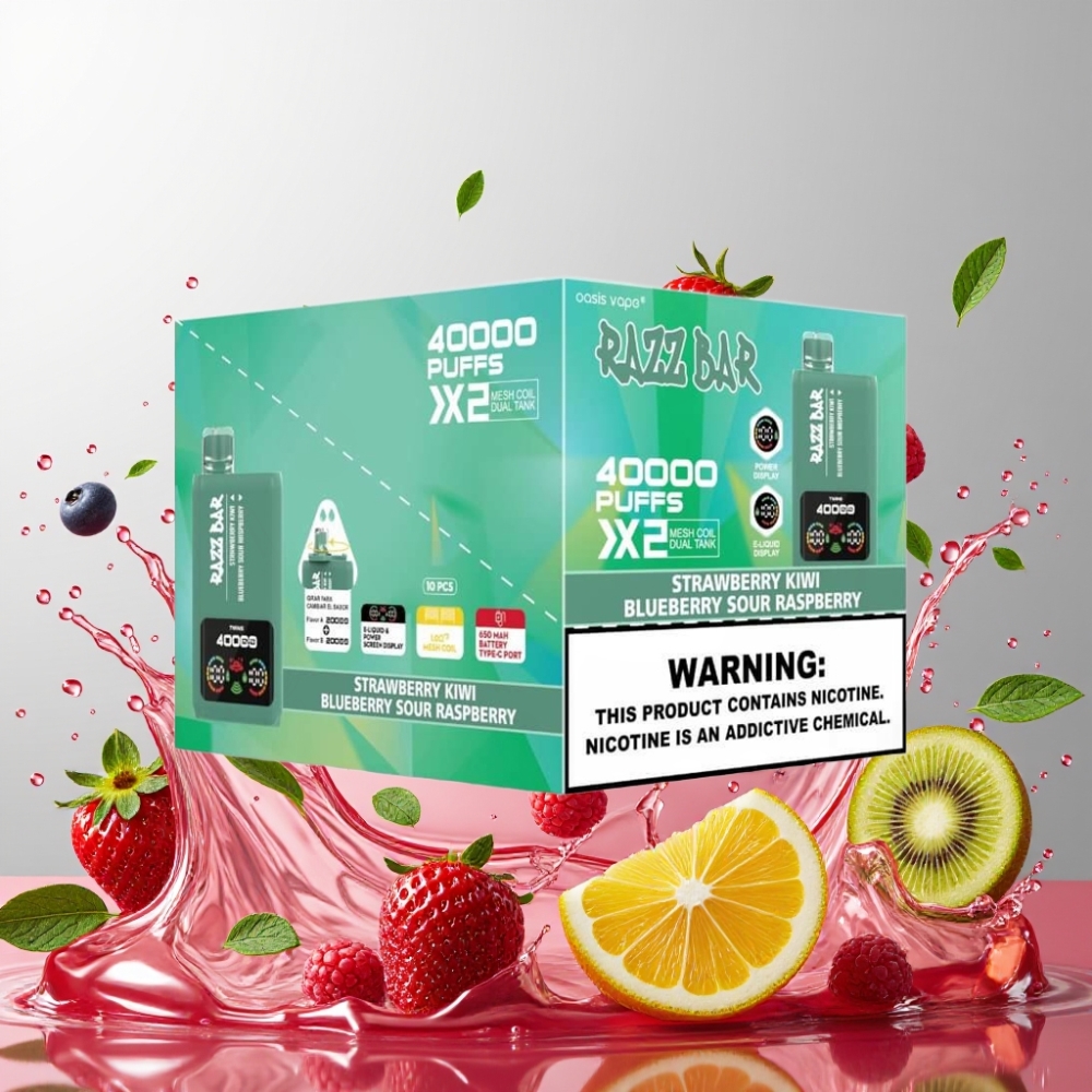 Razz Bar 40000 Puffs Engros Danmark Type-C Jordbær Kiwi & Blåbær Sur Hindbær