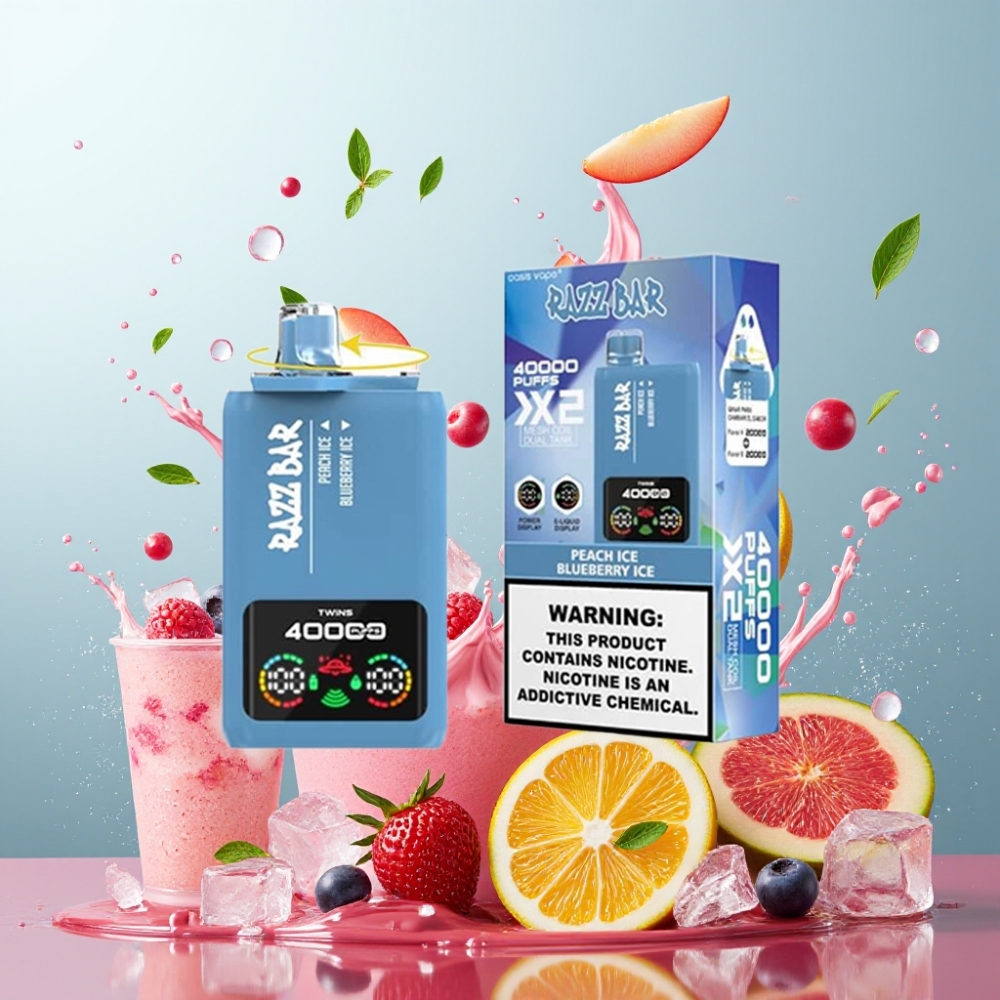Razz Bar 40000 Puffs Færdigvape Fersken Is & Blåbær Is 1.0Ω 2 Mesh Coil Engros Danmark