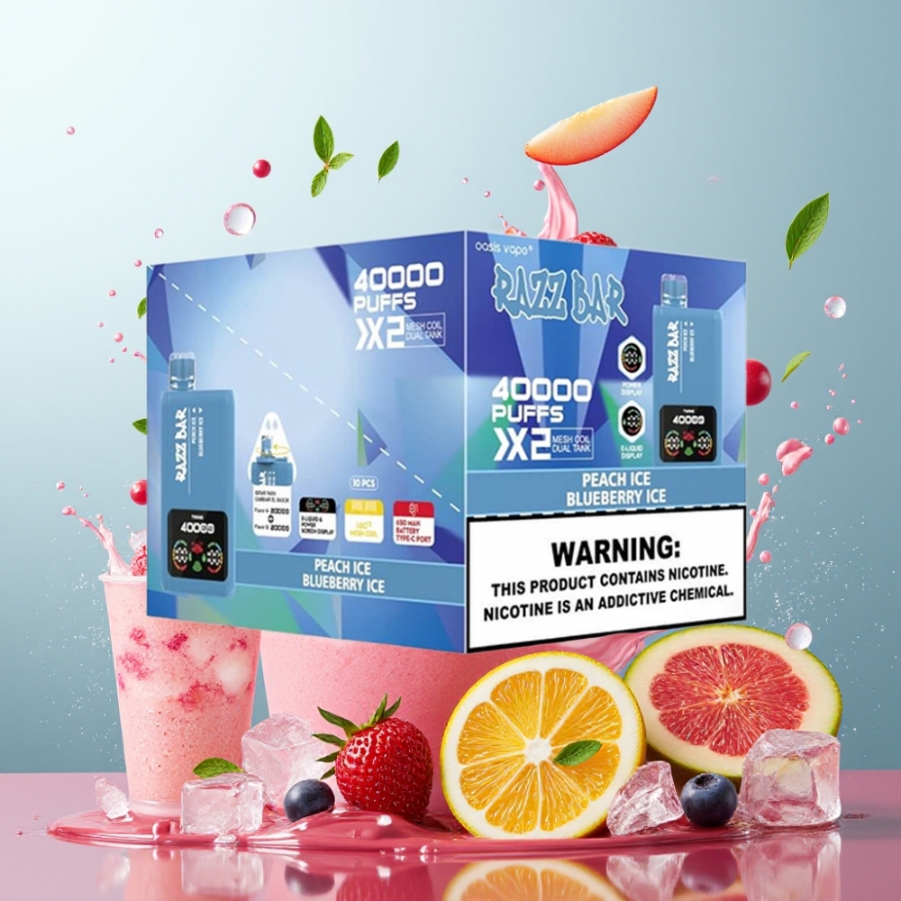Razz Bar 40000 Puffs Færdigvape Fersken Is & Blåbær Is 1.0Ω 2 Mesh Coil Engros Danmark