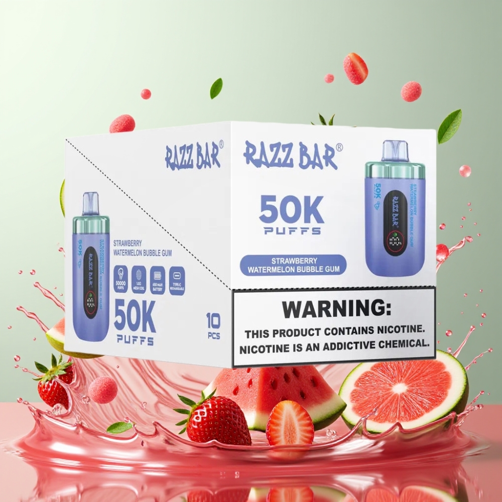 Razz Bar 50K Puffs Engros Danmark Type-C Jordbær Vandmelon Bubble Gum