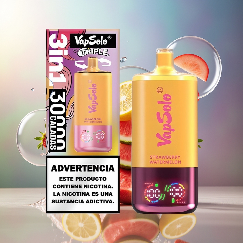 VapSolo Tripe 30000 Puffs 40ml Engros Danmark Jordbær Vandmelon & Citron Fersken
