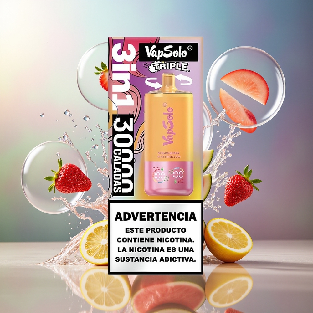 VapSolo Tripe 30000 Puffs 40ml Engros Danmark Jordbær Vandmelon & Citron Fersken