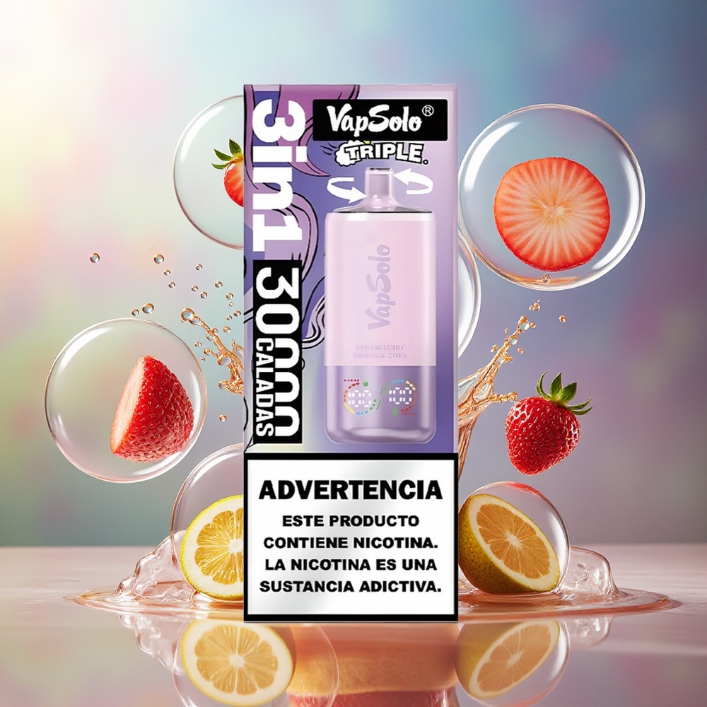 VapSolo Tripe 30000 Puffs 40ml Jordbær Vanilje Cola Engros Danmark