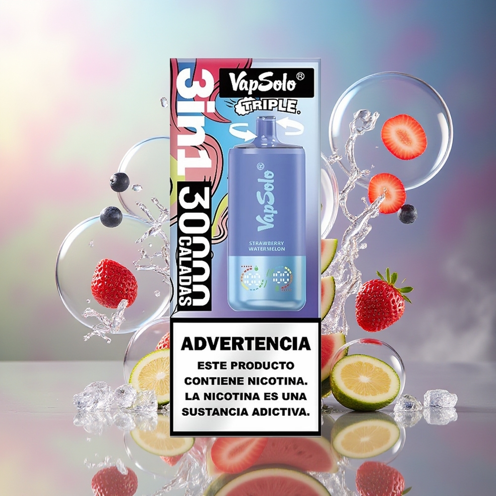 VapSolo Tripe 30000 Puffs Type-C Jordbær Vandmelon & Blåbær Is Engros Danmark
